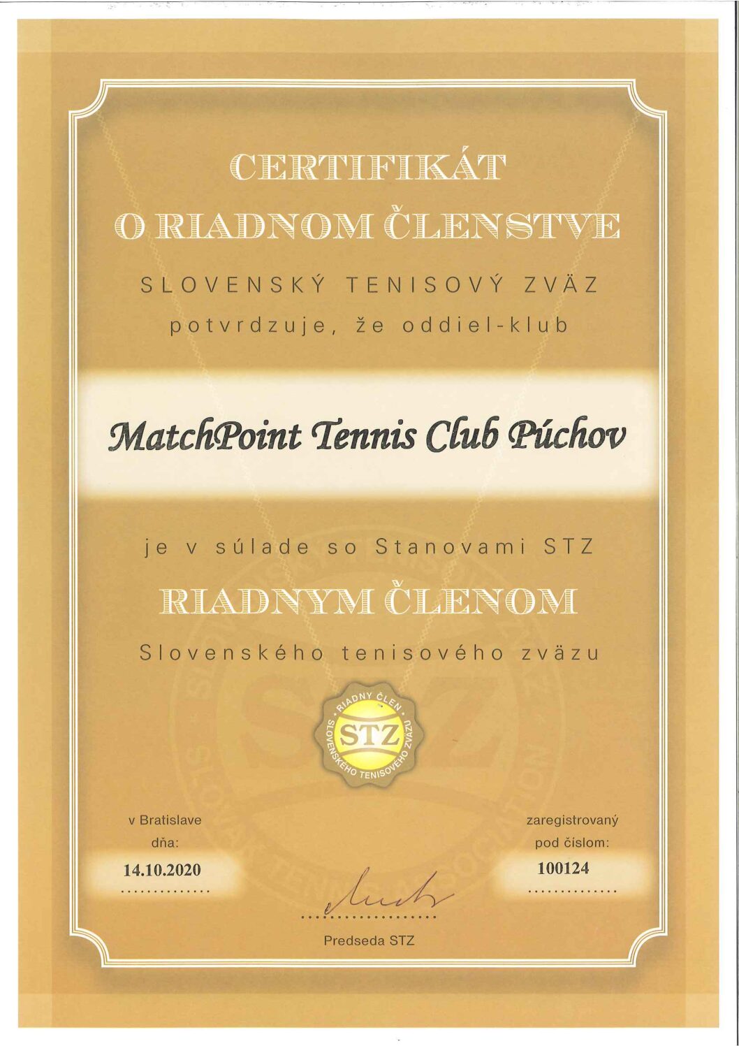 MatchPoint Tennis Club Púchov registrovaný ako riadny člen STZ